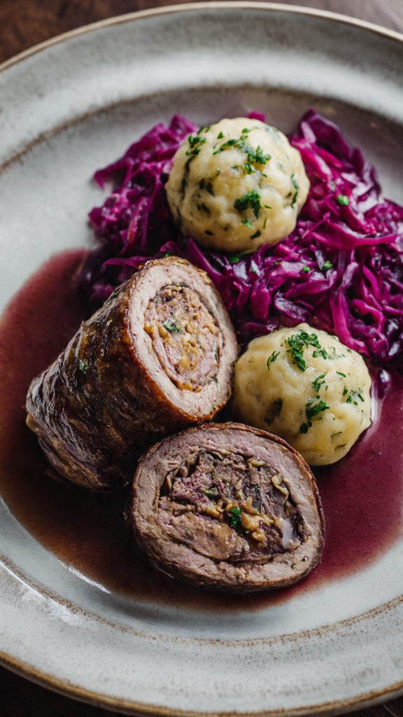 Rinderroulade mit Rotkohl und Klößen