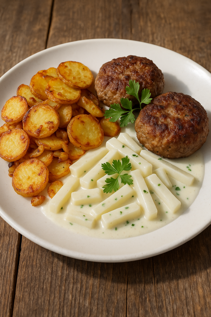 Frikadellen mit Bratkartoffeln und Kohlrabi
